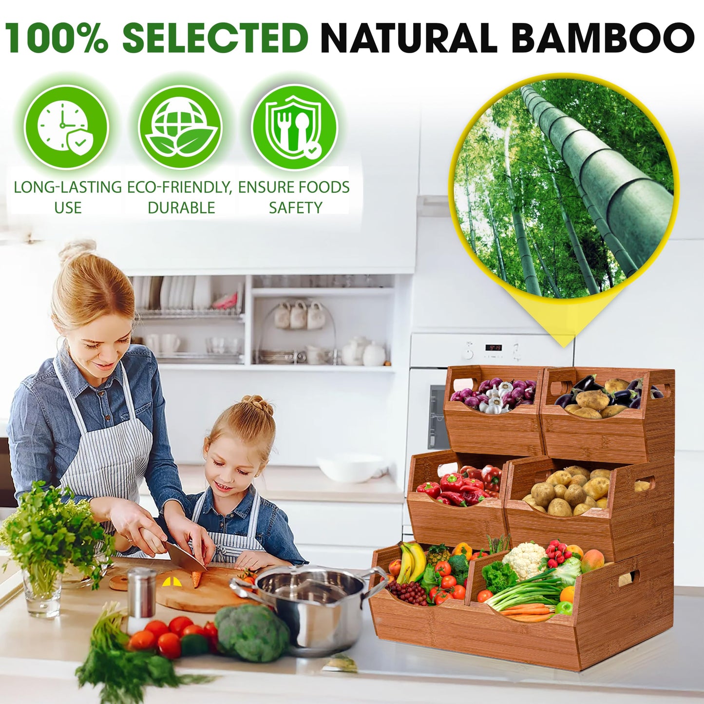 [Upgraded] 3-tier Stackable Bamboo Pantry Storage Bins, Potato and Onion Storage Baskets with Handles, Removable Divider, Pantry Organizer Holder for Kitchen, Office, Cabinet, Fruit Storage (Walnut)