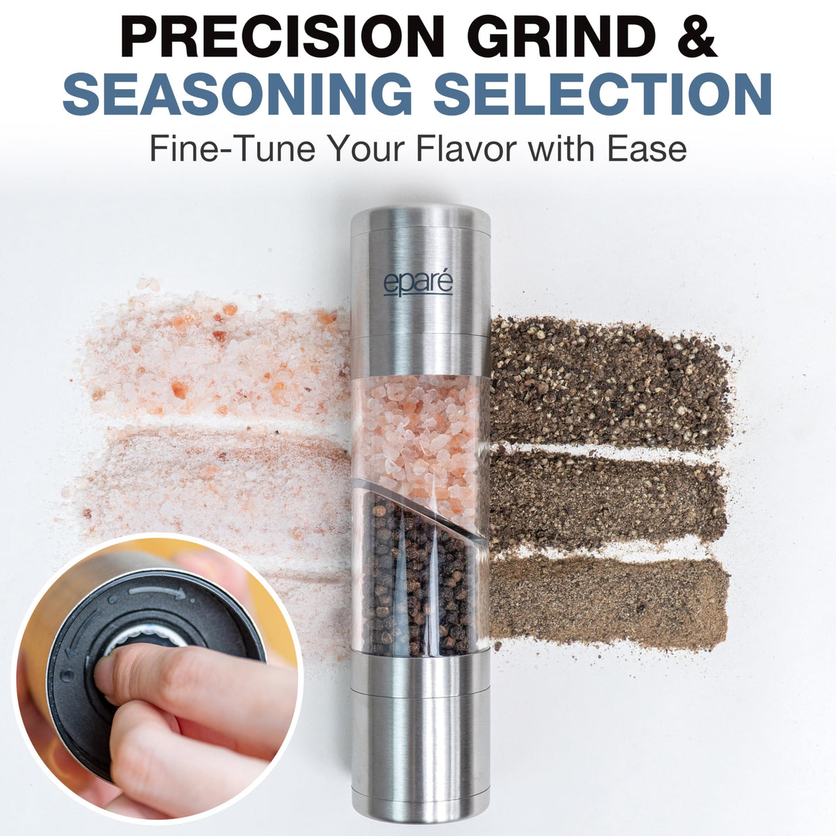 Eparé 2 in 1 Salt and Pepper Grinder Combo – Dual Space Saving for Kitchen & Dining - Manual Stainless Steel Salt and Pepper Grinder in One
