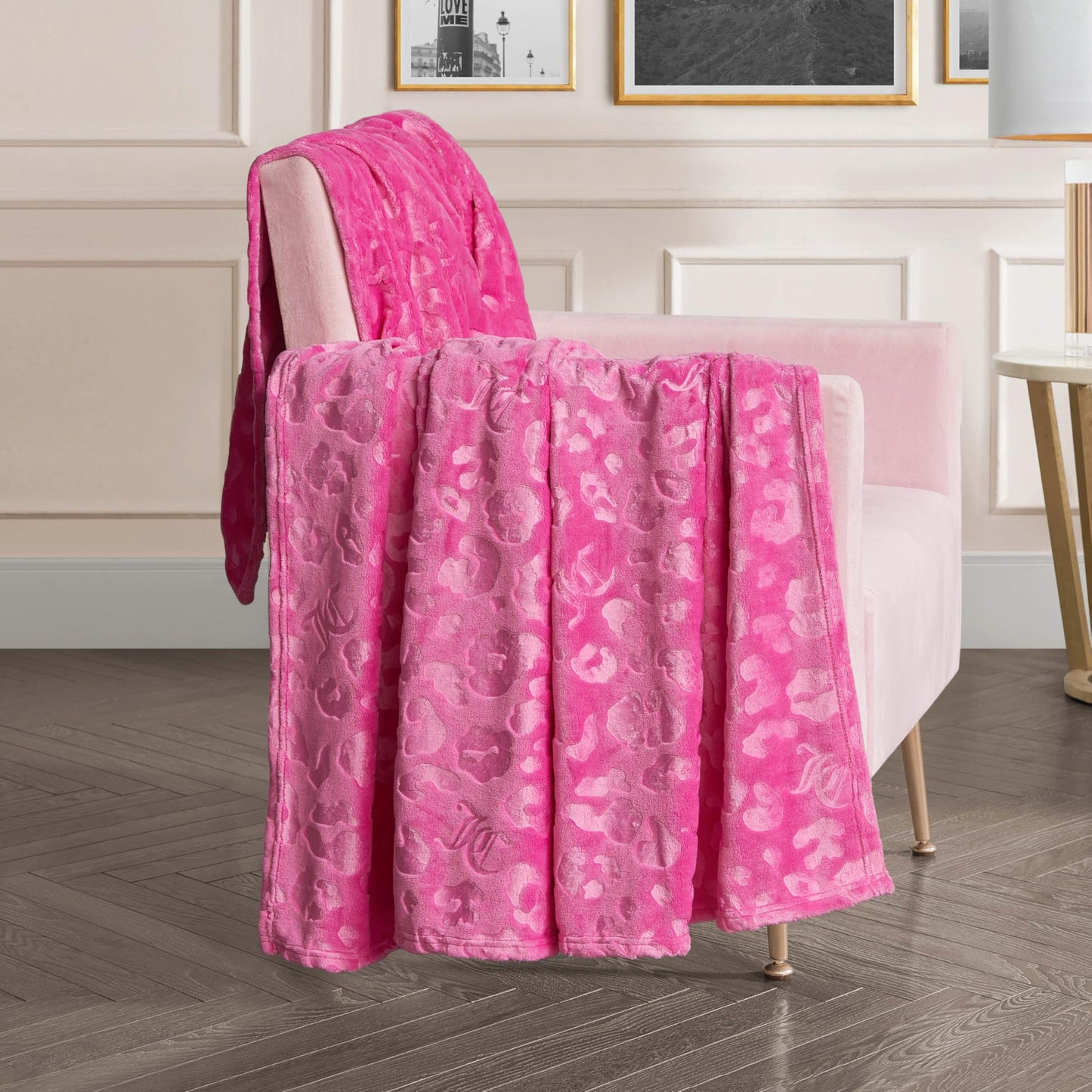 Juicy Couture Embossed Plush 60"x70" Oversized Throw Blanket, Cheetah Logo Hot Pink
