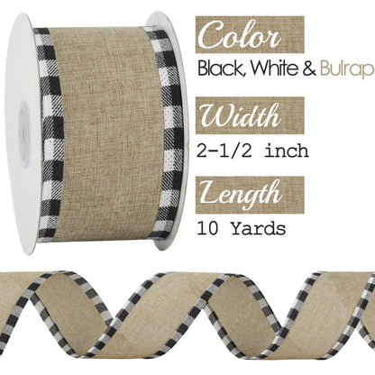 MEEDEE Burlap Christmas Ribbon Wired 2.5 Inch Plaid with Black and White Checkered Edging 10 Yards for Christmas Tree and Wreath Making