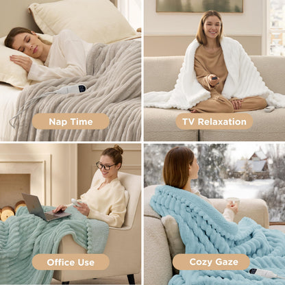 Bedsure Heated Blanket Electric Throw - Thick Striped Flannel Electric Blanket, Heating with 6 Time Settings (Up to 10H), 6 Heat Settings & 8Hr Timer Auto Off, Gift for Grandma (50x60 inches, Linen)