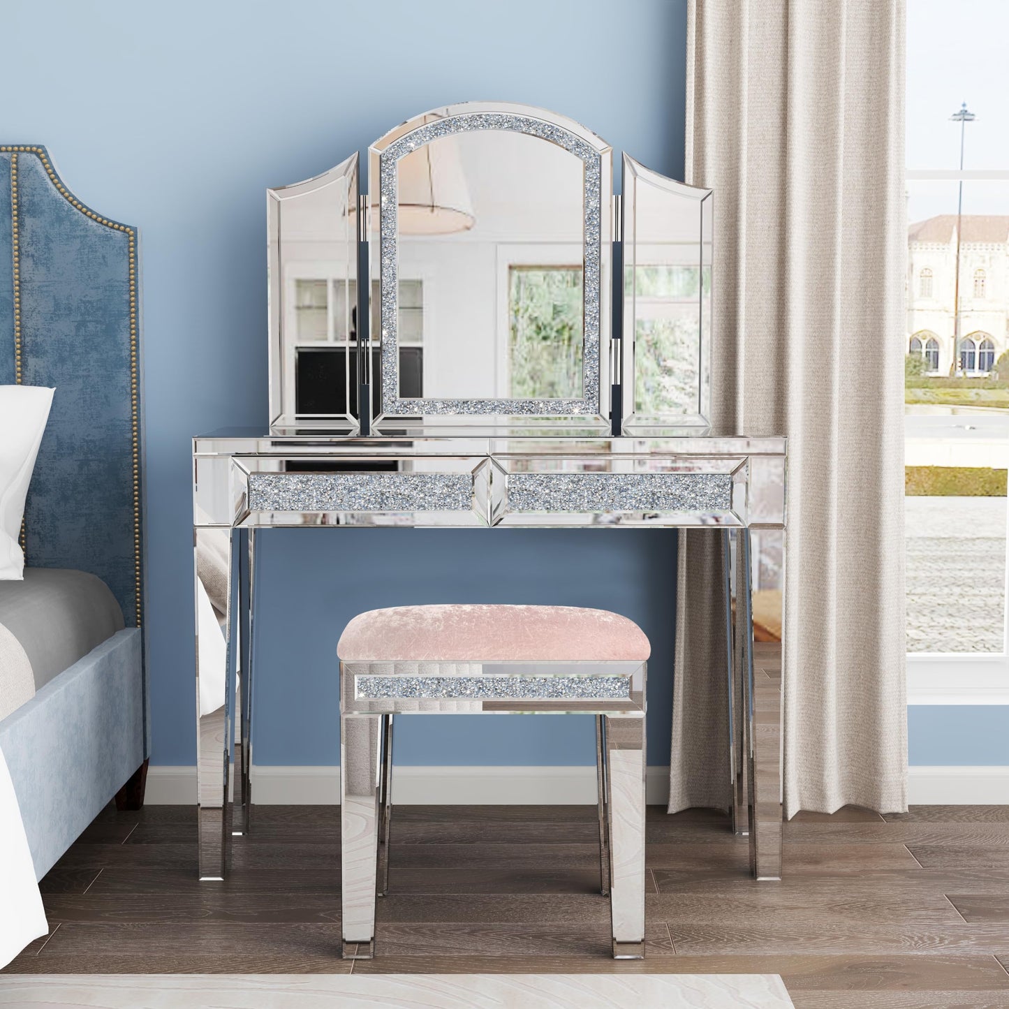 blingworld Mirrored Vanity Stool with Crushed Diamond Inlay Velvet Cushion 19.7'' Tall Stylish Makeup Chair for Bedroom, Vanity Chair, Ottoman for Living Room