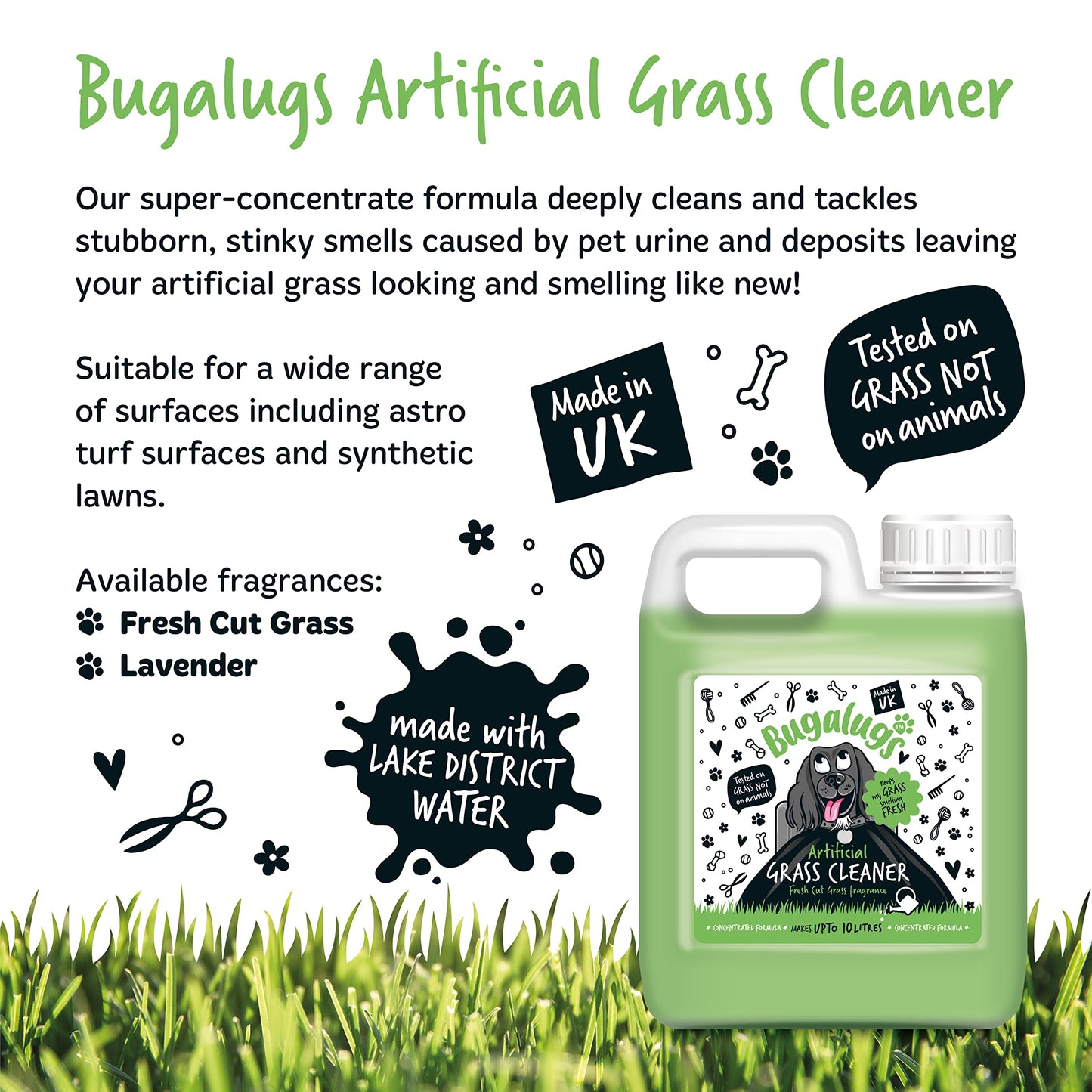 BUGALUGS Artificial Grass Cleaner - Dog Safe, Pet Disinfectant & Lawn Deodoriser - Puppy Urine Cleaner & Odour Eliminator - 1L Super Concentrate - Made in UK Cruelty Free (Fresh Cut Grass 1L)