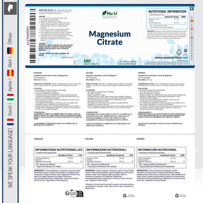 Magnesium Citrate 700mg - 180 Vegan Tablets - 6 Month Supply - 200mg of Elemental Magnesium Tablets - Made in The UK - Nu U Nutrition