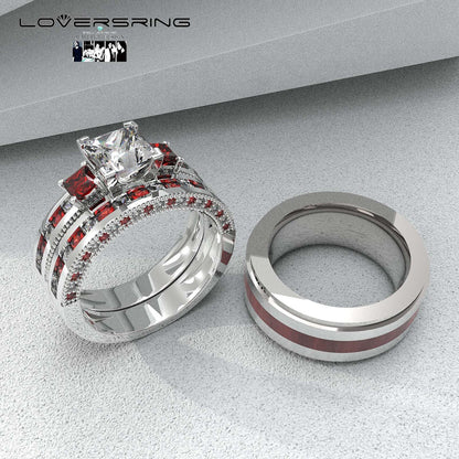 TWO RINGS Wedding Ring Sets His And Hers Promise Ring Couples Bridal Sets Women 925 Sterling Silver Red Ruby Man Titanium Brushed Finished Wedding Band