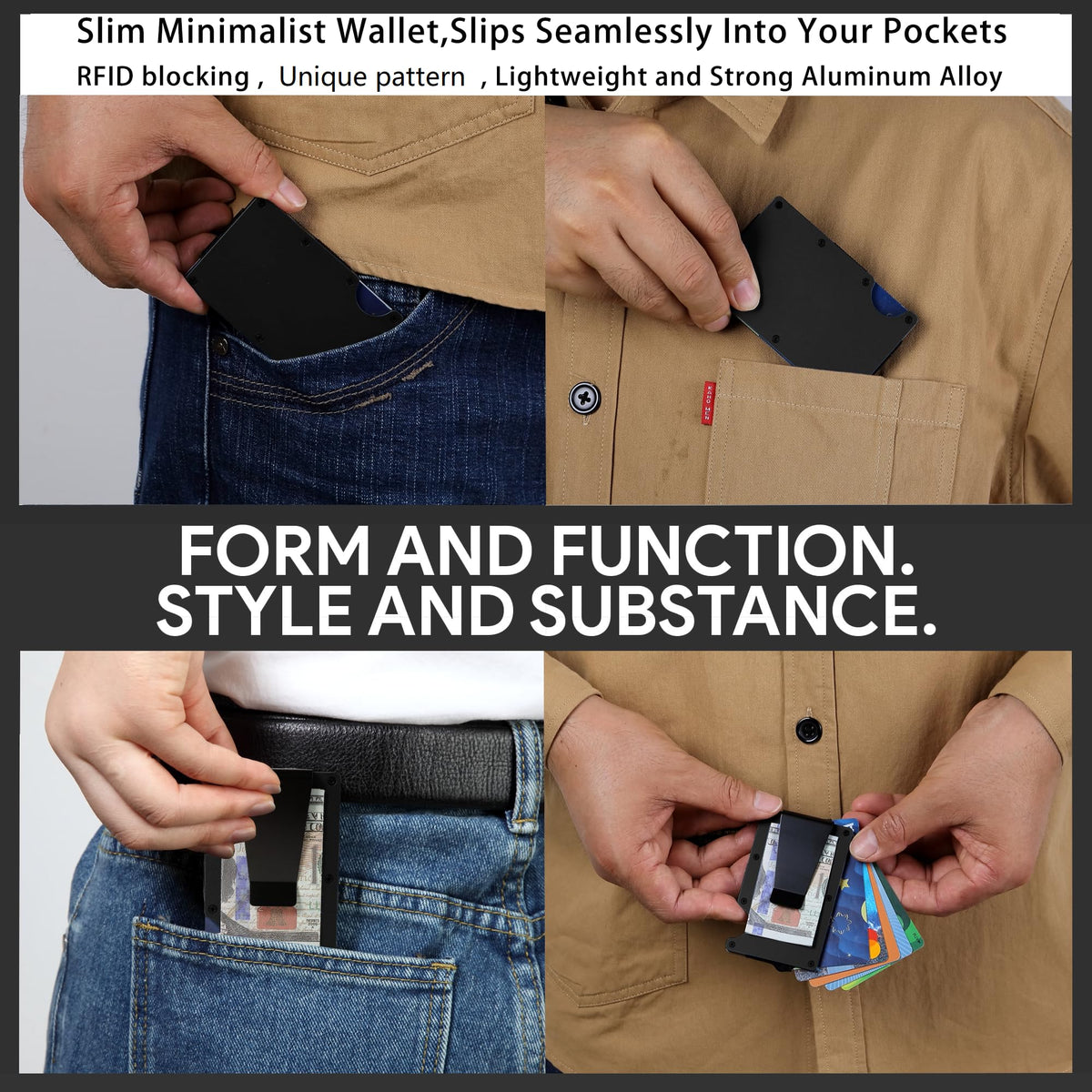 RARITIK Minimalist Carbon Fiber Wallet for Men, Money Clip Cash Strap Wallet, RFID Blocking Metal Wallet Aluminum Card Holder,Front Pocket Wallet(Matte Black)