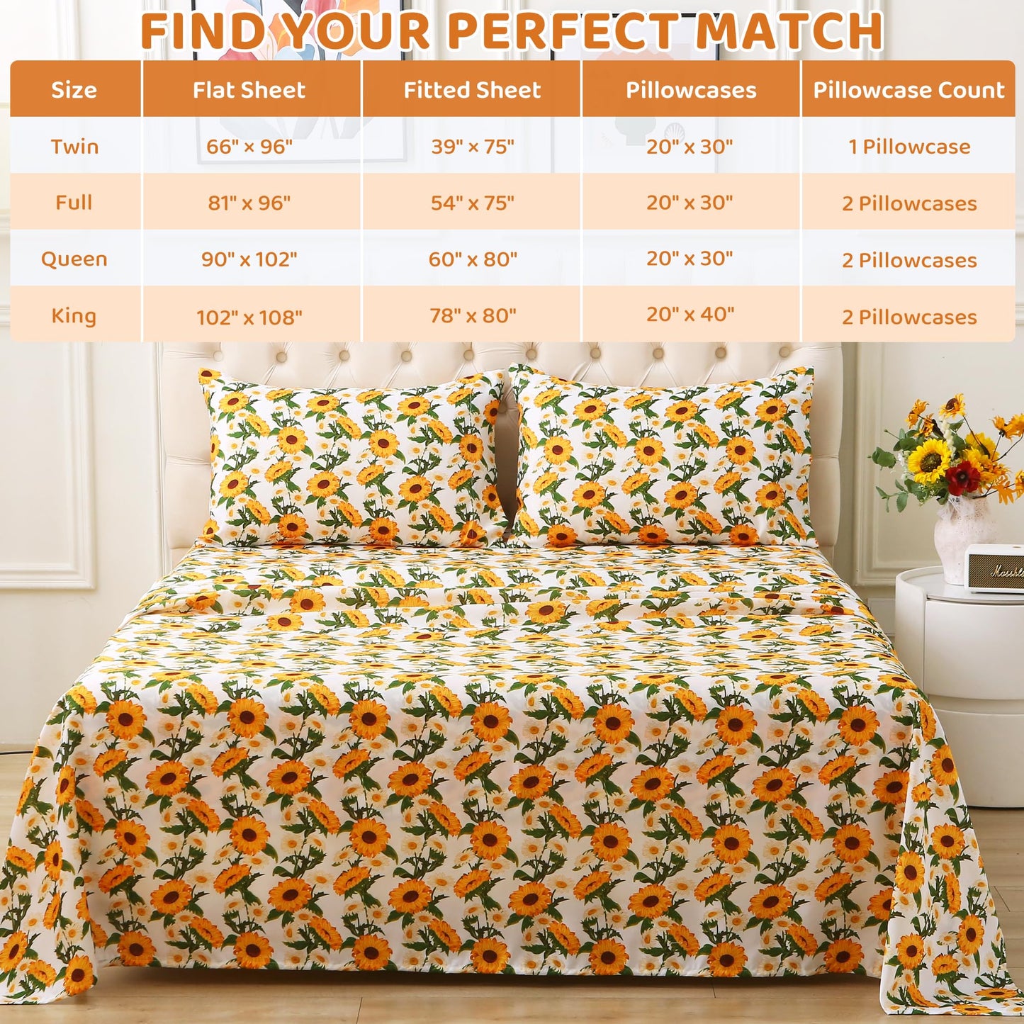 Mooreeke Cozy Vintage Microfiber Printed Floral Twin Sheet Set - Soft & Breathable Yellow Sunflower Bed Sheets with Extra Deep Pocket - Non-Slip Fitted Design - Sunflower Pattern - Twin