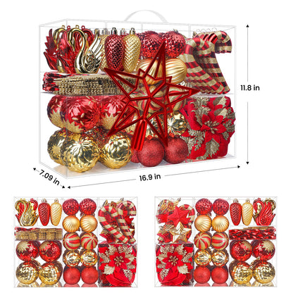 Alupssuc 128pcs Christmas Balls Ornaments Set, Shatterproof Plastic Baubles Christmas Flowers and Tree Topper for Xmas Tree Holiday Wedding Party Decorations with Hanging Strings, Red and Gold