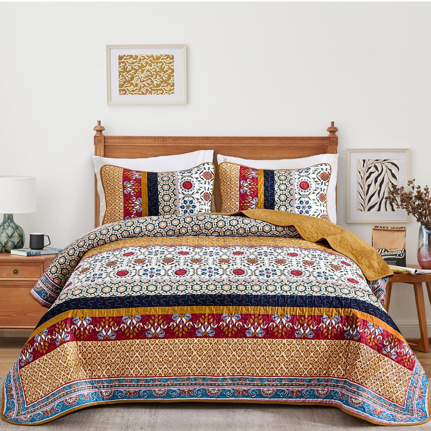Yiran Boho Quilt Set King Size, Fall Tango Orange Patchwork Bedspreads Bedding Set, Lightweight Bohemia Farmhouse Coverlet Set 110x90 Inch