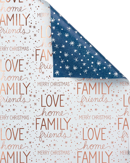 American Greetings Foil Christmas Wrapping Paper Rolls, Metallic Rose Gold and Navy Blue Holiday Gift Wrap (80 sq. ft., 4 Rolls-30 in. x 8 ft., Reversible) Snowflakes, Reindeer, Merry Christmas