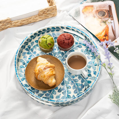 CLAYNIX Serving Tray 12.5 Inch, Lacquer Mother of Pearl Inlay Mosaic Tray, Round Wooden Marble Tray with Handles Trays for Tea, Breakfast (Leaf Style)