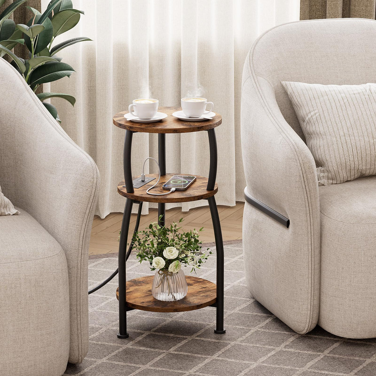 Yuede Round Side Table with Power Outlet & USB Ports, 3-Tier End Table with Storage Shelf, Modern Rustic Nightstand, Small Spaces Accent Table for Living Room Bedroom, Easy Assembly, Rustic Brown