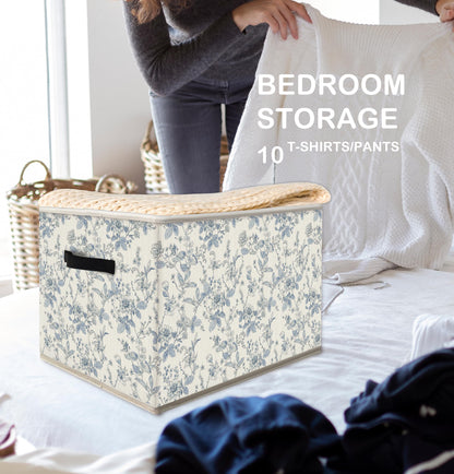 FDHSPAAM Blue and White Chinoiserie Storage Bins Box with Handles, Grandmillennial Flower Plant Botanical Collapsible Fabric Storage Basket Box Organizer for Bedroom Bathroom Clothes Toys Books