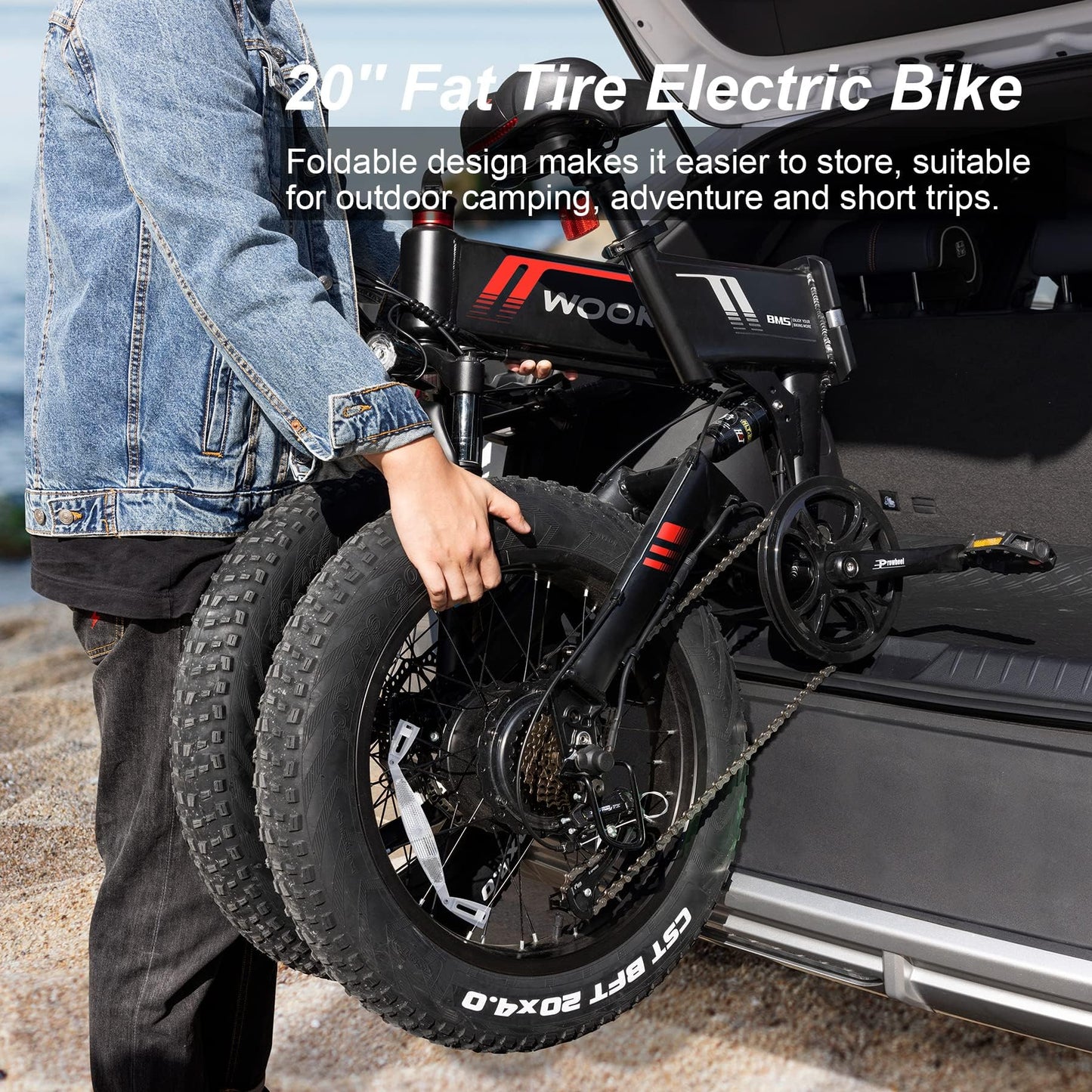 Wooken Electric Bike for Adults, 20''x4.0 Fat Tire Ebike for Adults, Peak 750W Motor Folding Electric Bicycle with 48V 10Ah Battery, 7 Speed, Full Fuspension, 20MPH Ebike for Mountain Beach Snow