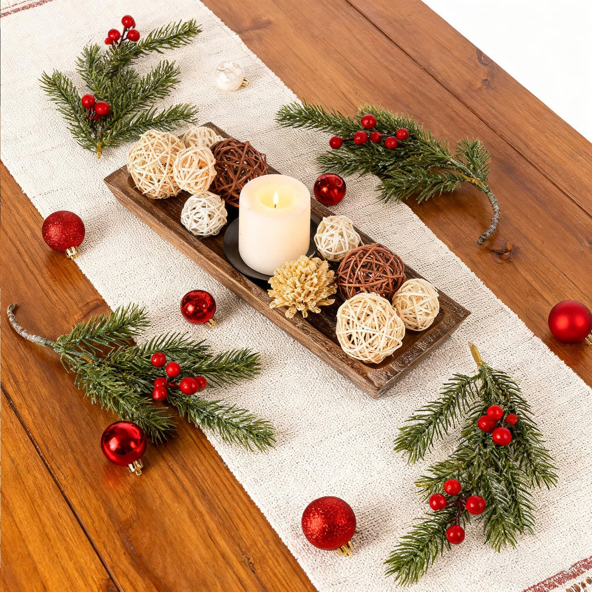 Hanobe Wooden Tray for Candle Decorative: Wood Rustic Long Centerpiece Trays Rectangle Narrow Farmhouse Decor for Dining Coffee Table Kitchen Fireplace Mantle