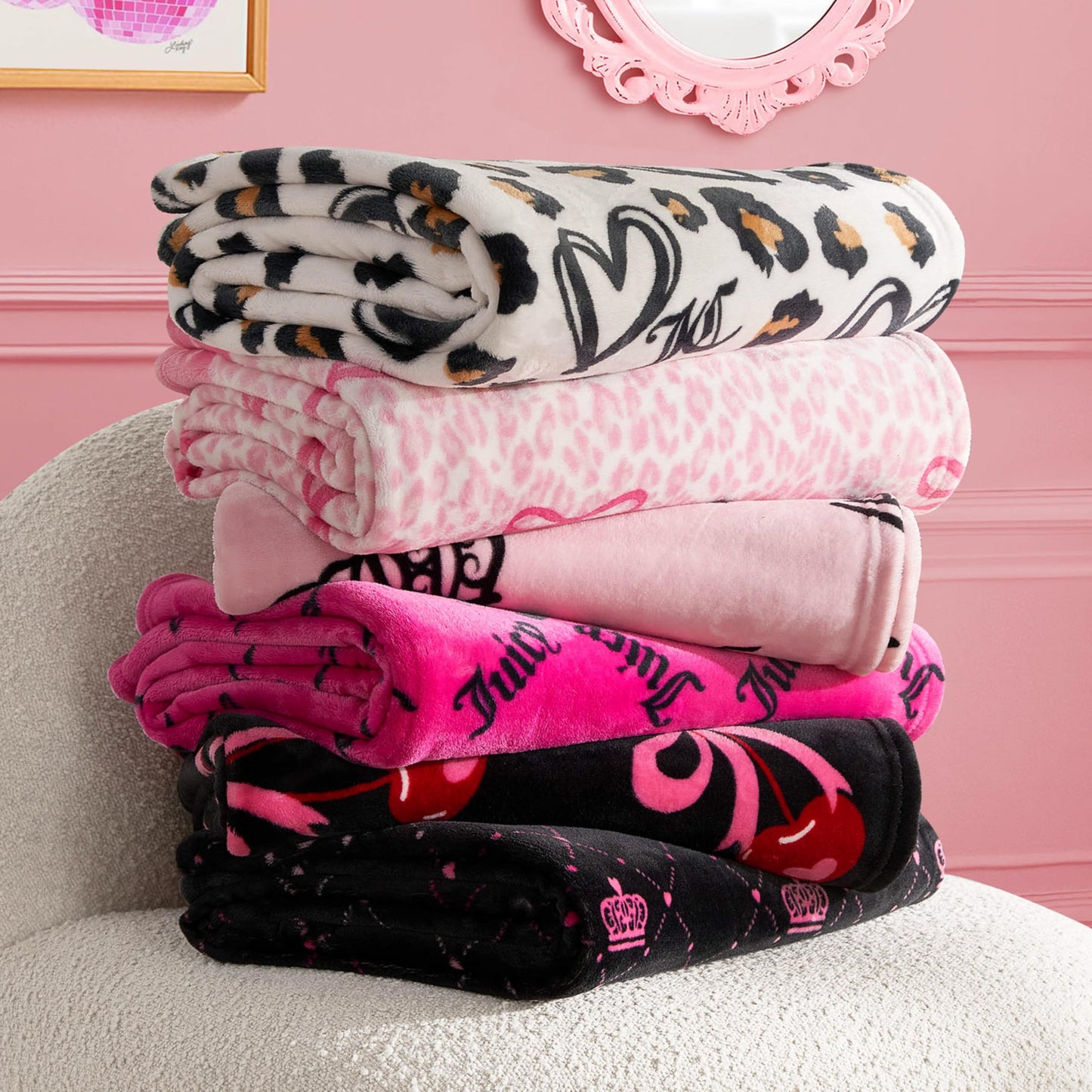 Juicy Couture Sweet Cherry Bows 50" x 70" Plush Throw Blanket, Black - Decorative Blankets for Sofas, Throws for Chairs, and Beds