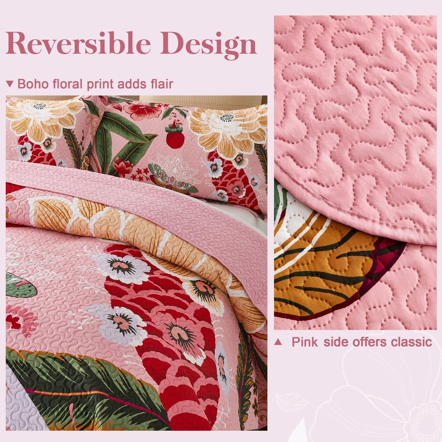 Tyrot 3 Piece Pink Boho Floral Full/Queen Quilt Sets Farmhouse Botanical Reversible Lightweight Bedspread with 2 Shams Butterfly Microfiber Bedding Quilts Set for All Season, 90''x96''