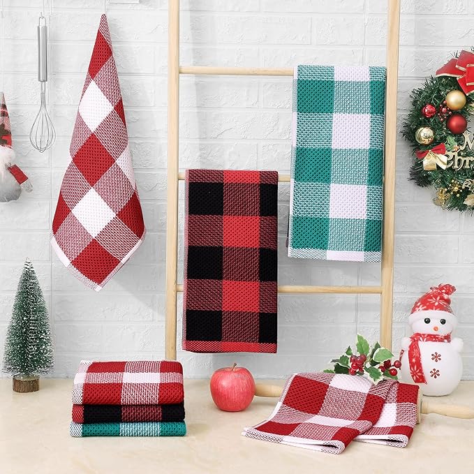 Homaxy 100% Cotton Waffle Weave Check Plaid Kitchen Towels, 13 x 28 Inches