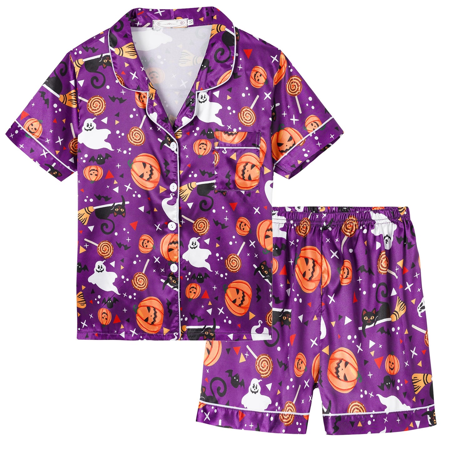 Vopmocld Unisex Kids Girls Boys 3PCS Satin Pajamas Set Button Down Short Sleeve Long Pants and Shorts Silky Nighty Lounge Sleepwear, Halloween Purple, 10