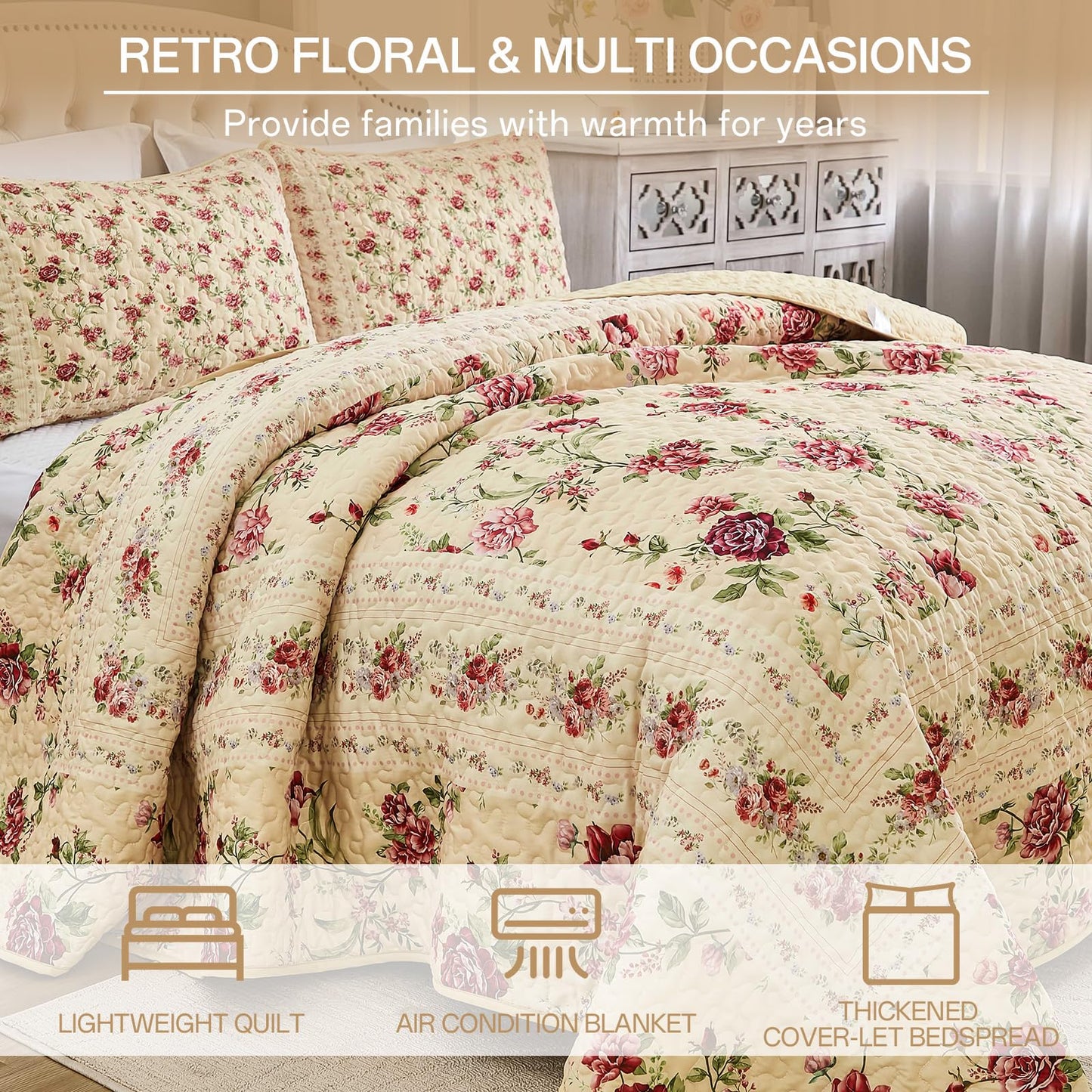 Xruibed Beige Quilt Set Queen Size, 3PCs Antique Rose Beige Bedspread Coverlet Set, Lightweight Soft Microfiber Floral Quilt Set with 2 Pillowcases for All Season (Queen Size 96"x90")