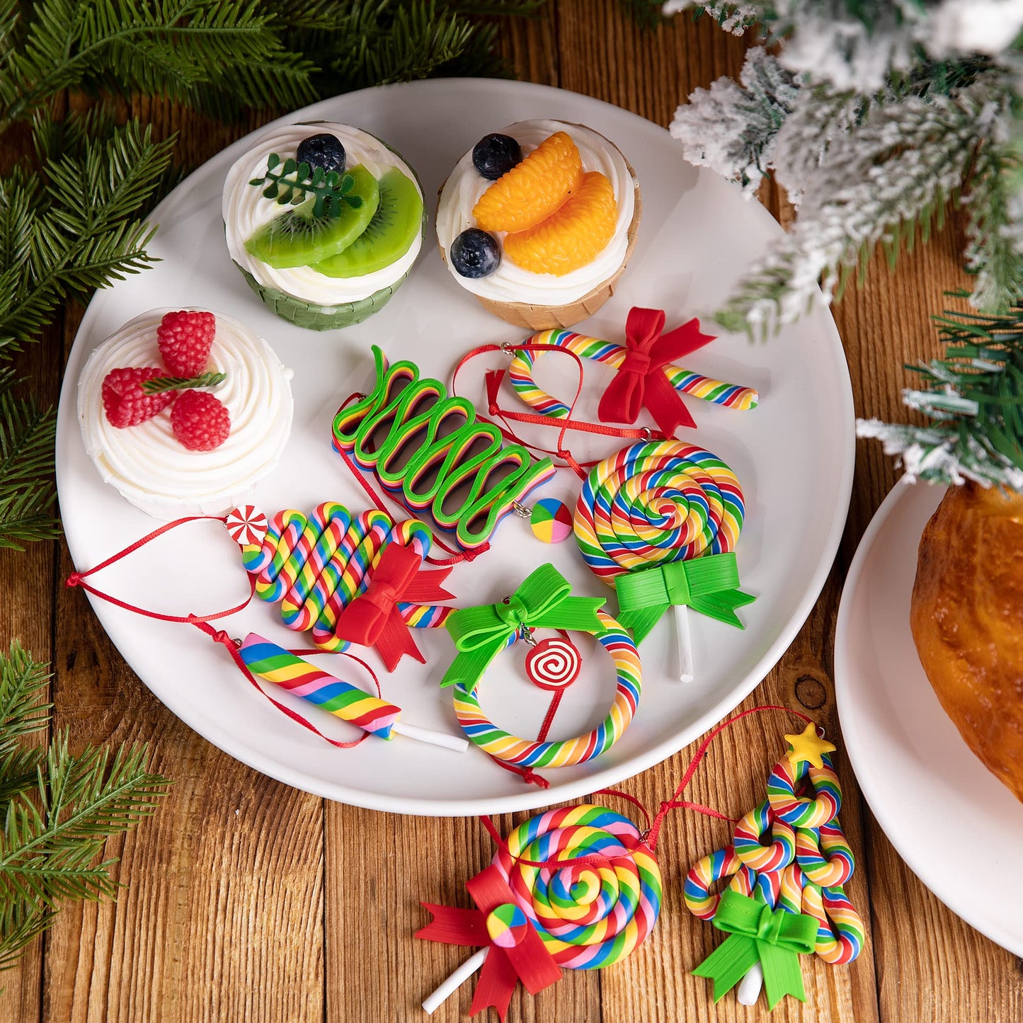 codree 8 PCS Christmas Lollipop Ornaments- Rainbow Lollipop Hanging Ornaments- Christmas Candies Polymer Clay Ornament for Xmas Tree Party Decoration