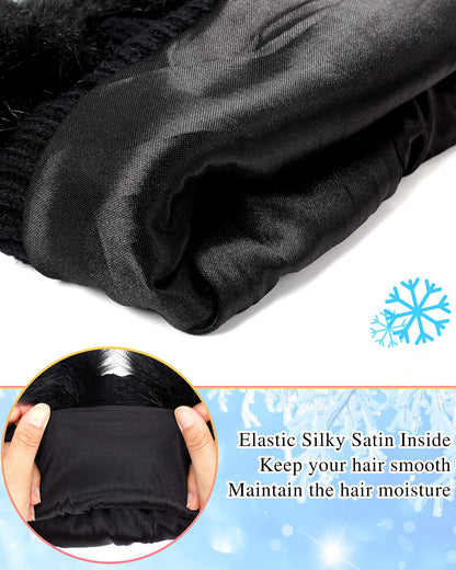 SATINIOR 2 Pieces Satin Lined Winter Hats Women Knitted Pompom Beanies Hat Touchscreen Gloves Set for Women(Black)