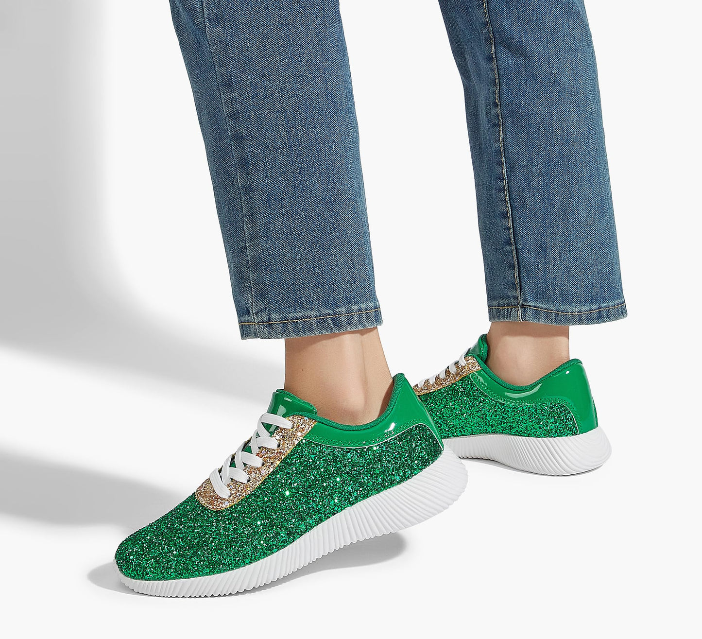 BELOS Women's Glitter Shoes Sparkly Lightweight Metallic Sequins Tennis Shoes(Green,10)