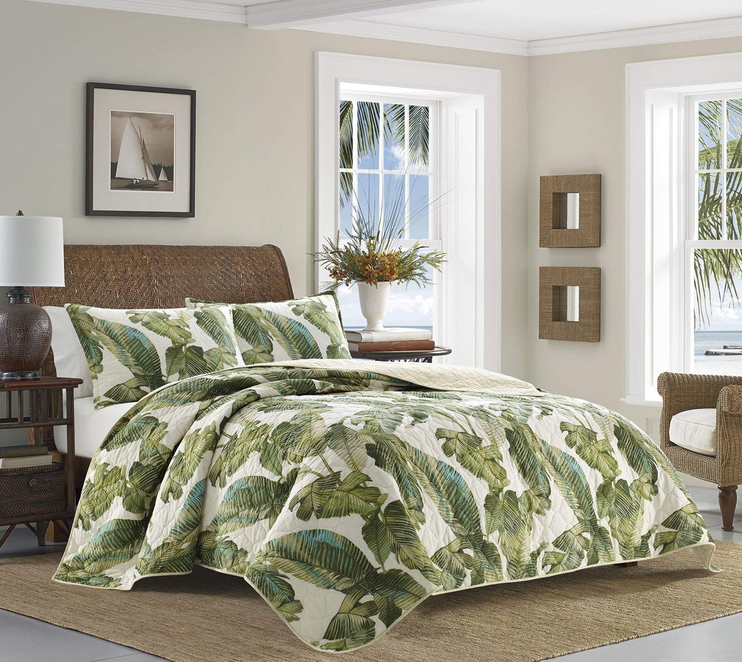 Tommy Bahama - Queen Quilt Set, Reversible Cotton Bedding with Matching Shams, Soft All Season Bedspread, Coastal Bedding Set (Fiesta Palms Green, Queen)