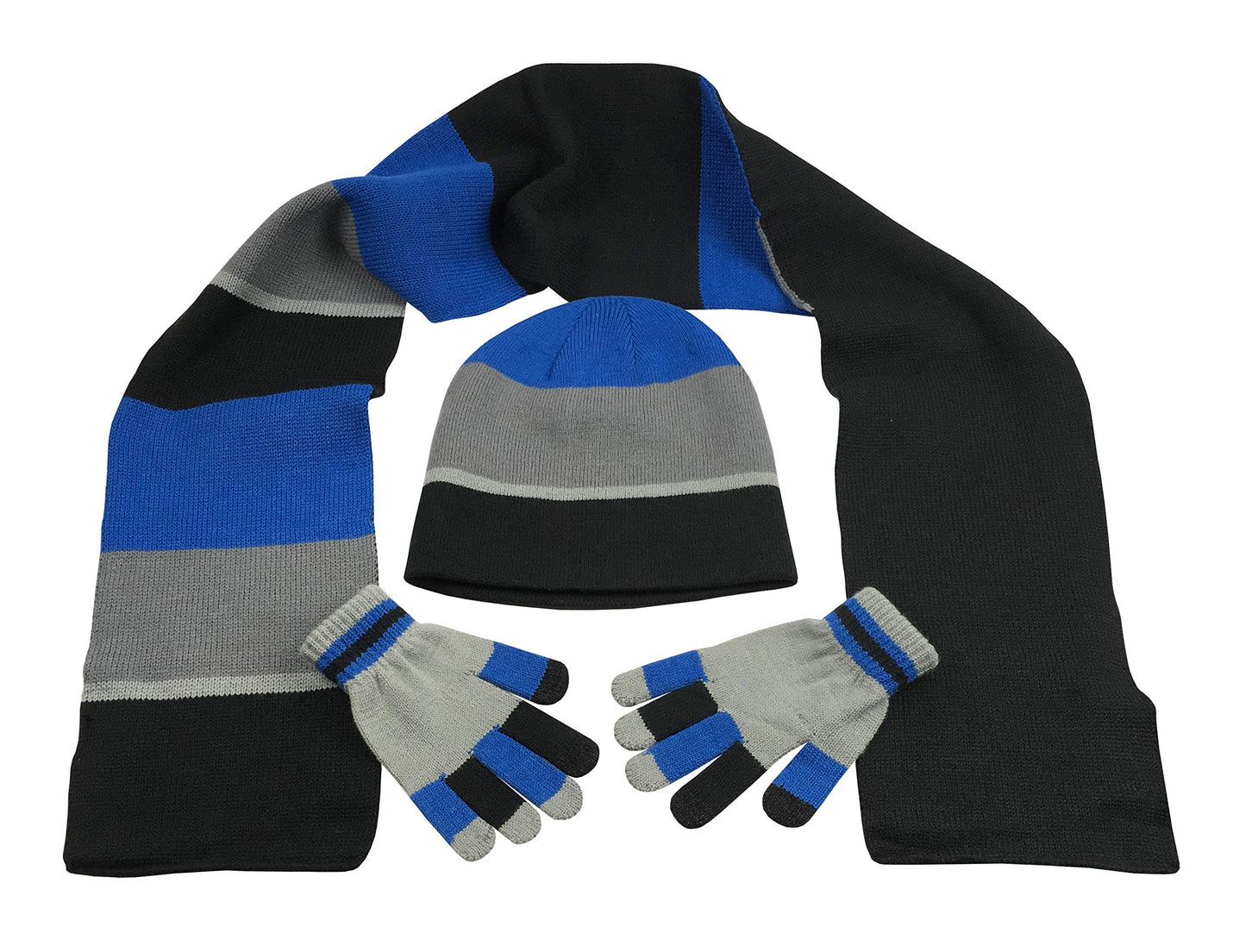N'Ice Caps Kids Reversible Knitted Hat/Scarf/Magic Stretch Glove Accessory Set (Black/Charcoal Grey/Royal with Touchscreen, 7-10 Years)