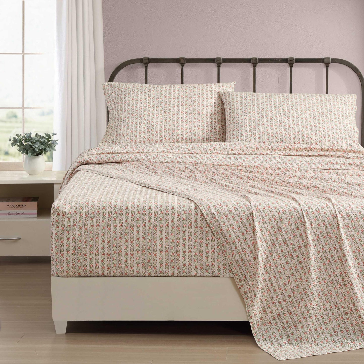 Laura Ashley – Twin Size Sheet Set, Crisp & Lightweight Cotton Percale Bedding with Fitted Sheet and Pillowcase, Floral Room Decor, Deep Pocket, College Dorm Room Essentials (Marta Stripe Dark Pink)