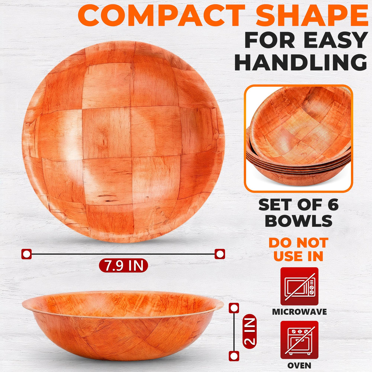 Wooden Salad Bowl Set of 6 – 7.9"x2" Wooden Bowls for Food, Lightweight Design with Smooth Finish, Easy to Clean & Stack – Wood Bowl for Salads, Fruit, Snacks, Desserts, Pasta Sides, Party & Brunch