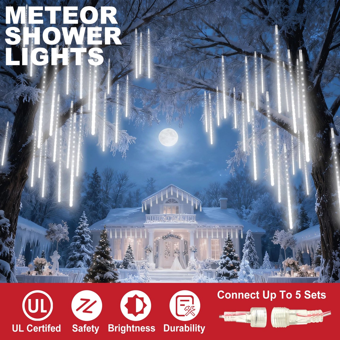 EEIEER Meteor Shower Lights Outdoor, 11.8 inches 10 Tubes 240 LED Snowfall Falling Rain Lights for Halloween Christmas Holiday Tree Home Party-White