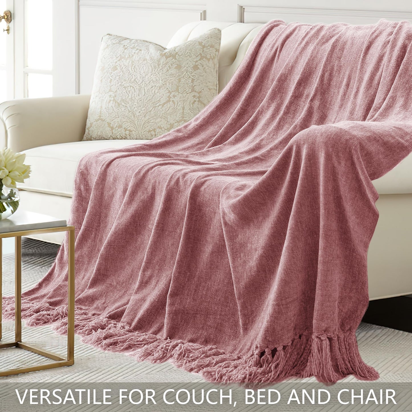 LONG CREATE Chenille Throw Blanket for Couch 50"X 60", Soft Cozy Throws with Fringe Tassel for Bed Sofa Chair Cover, Lightweight Knitted Decorative Boho Blankets for Living Room, Mauve