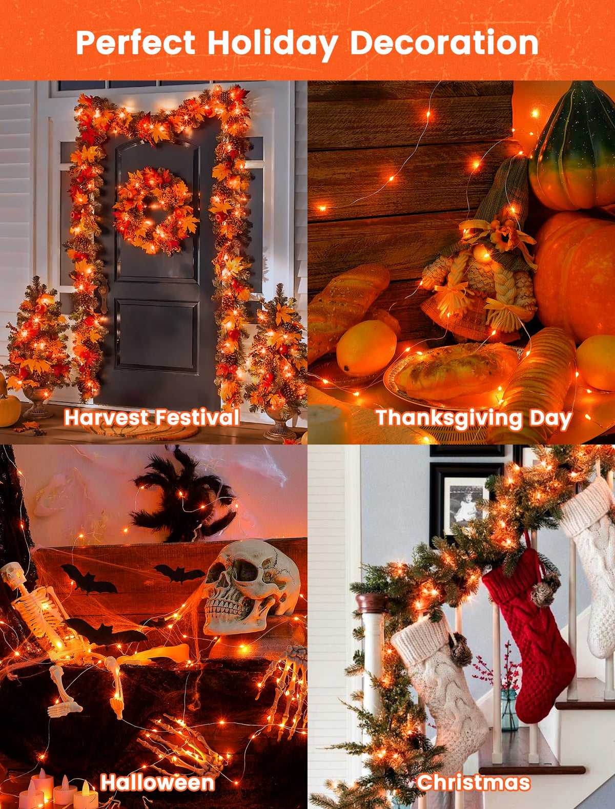 BEEWIN 2 Pack Orange Solar Fairy Lights Outdoor,Each 33ft 100 LED Solar Powered Halloween String Lights,Waterproof Copper Wire Twinkle Light for Thanksgiving Christmas Trees Party Yard Decor