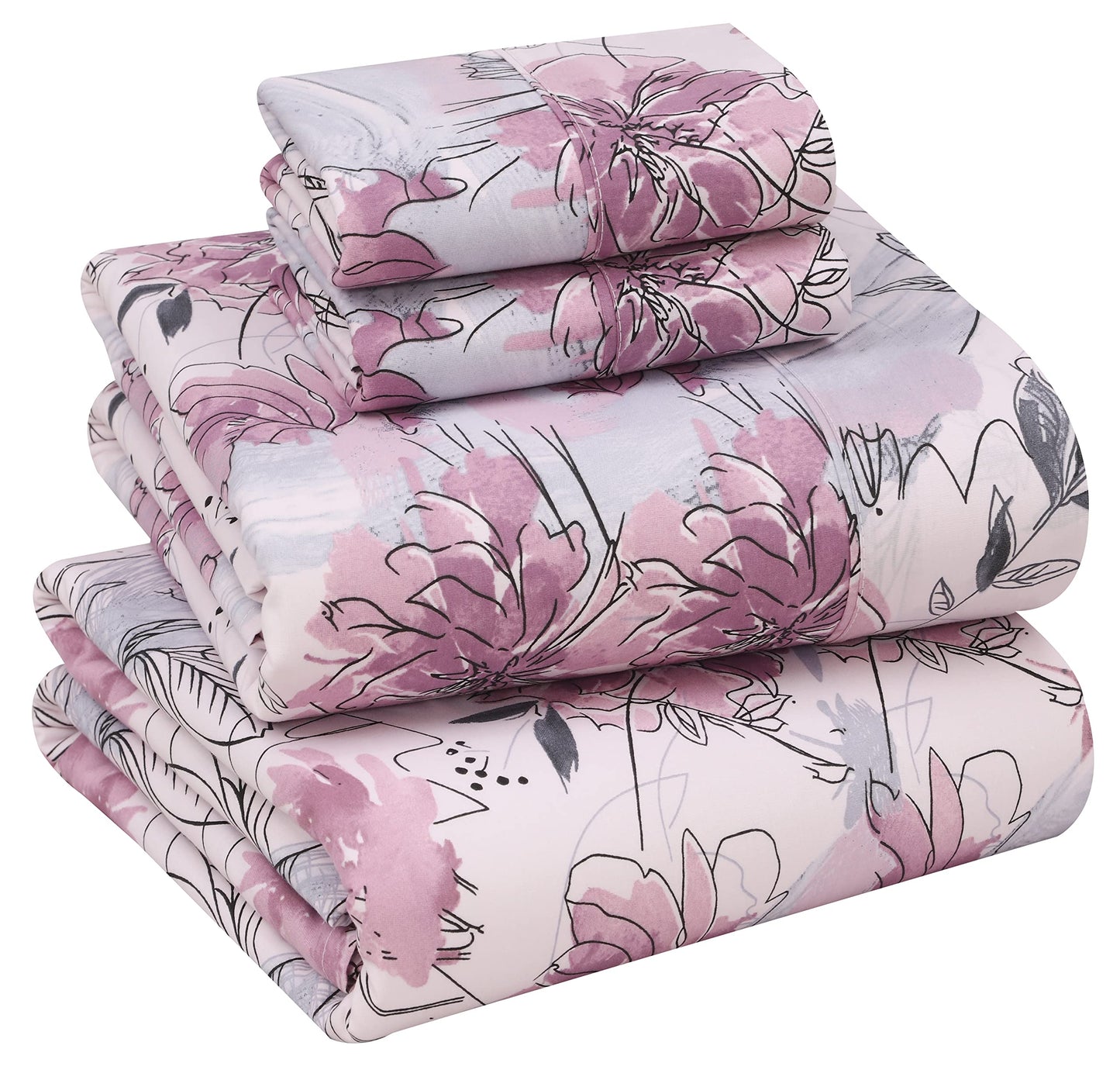 RUVANTI 100% Cotton Percale Sheets King Size – Crisp Cooling Bed Sheets for Hot Sleepers, Deep Pocket 16”, Soft Breathable & Durable Hotel-Style 4 Piece Set, Lilac Floral