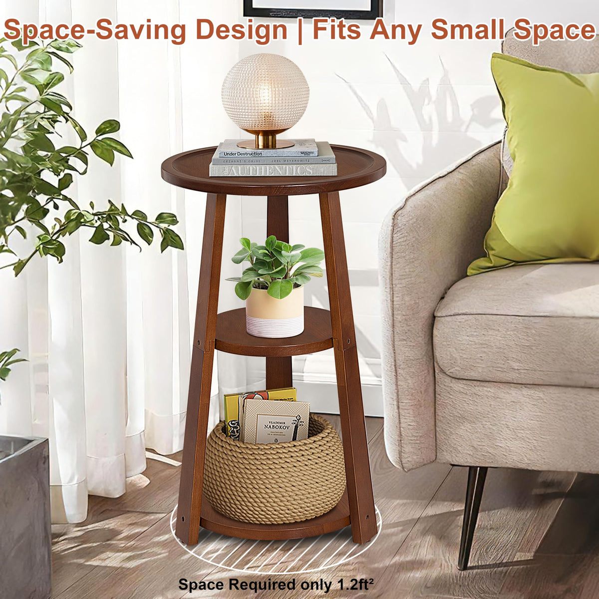 QILOXENTRA 3-Tier Round Side Table, Solid Wood End Table & Nightstand for Small Spaces, Compact Accent Table for Living Room, Bedroom, Office (Red Brown Finish)