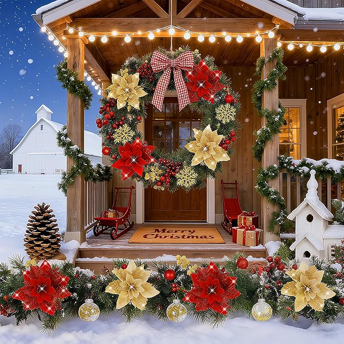 76Pcs Christmas Tree Decorations Set, Golden Red Assorted Ornaments with Large Shatterproof Plastic Balls, Star Tree Topper, Glitter Berries Stems, Ribbon for Indoor Garland Home Holiday Wedding Decor