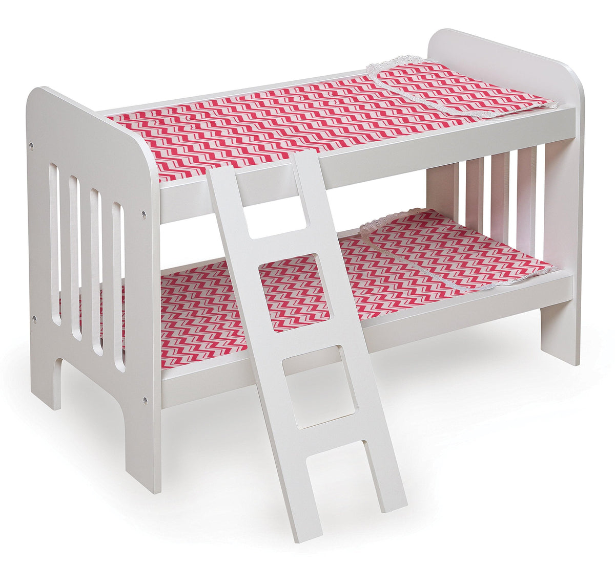 Badger Basket Chevron Doll Bunk Bed with Bedding, Ladder, and Padded Mats – Ideal for Dolls Up to 20 Inches in White and Pink