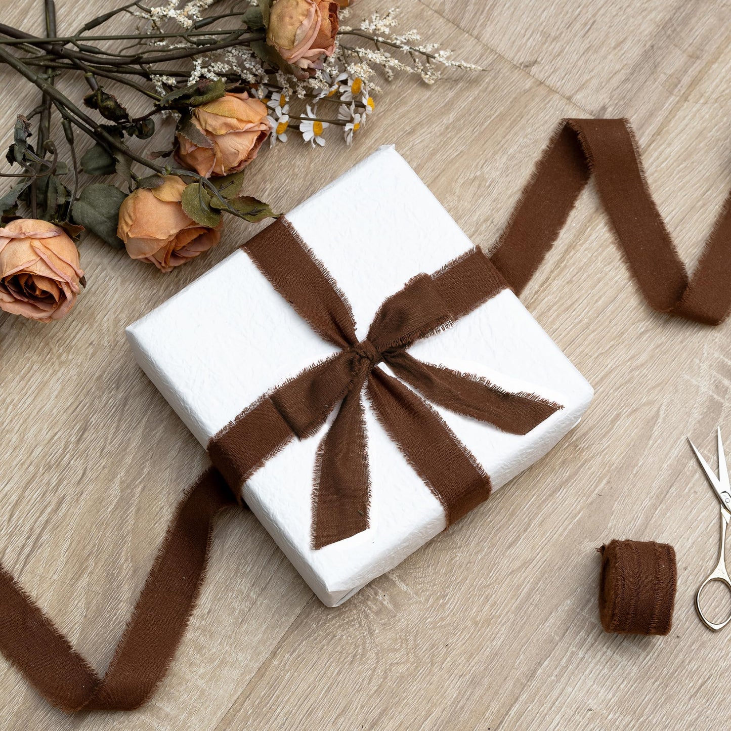 Keypan Brown Ribbon 1" x 15 Yards with Frayed Fringe Fabric Cotton Ribbons for Gift Wrapping Wedding Invitations Flower Bouquet Baby Shower