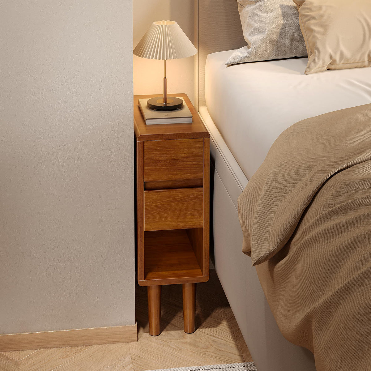 Narrow Nightstand 2 Drawers with Open Shelf Narrow Night Stand Solid Wood Bedside Table Mid Century Modern Nightstand Wooden End Table for Bedroom, Study, Office