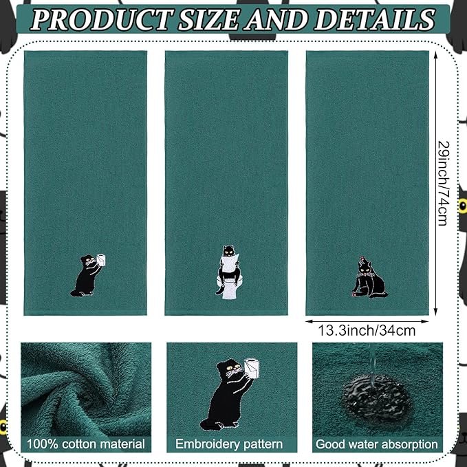 3 Pcs Cat Hand Towels for Bathroom Decor Funny Embroidered Black Cat Halloween