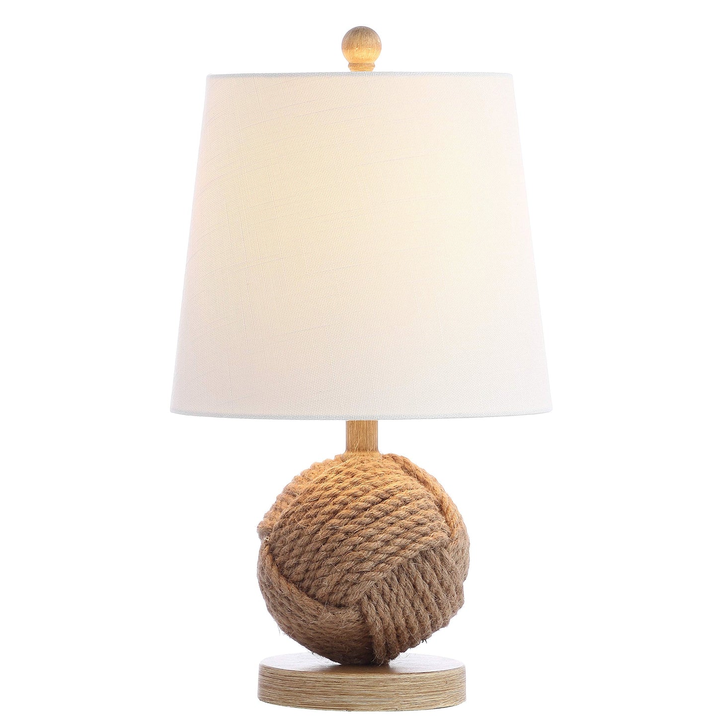 JONATHAN Y 18" Natural Monkey Fist Rope Ball LED Table Lamp, Coastal Nautical Iron and Rope Accent Lamp for Living Room Bedroom, White Linen Shade, LED Bulb Included JYL6500A