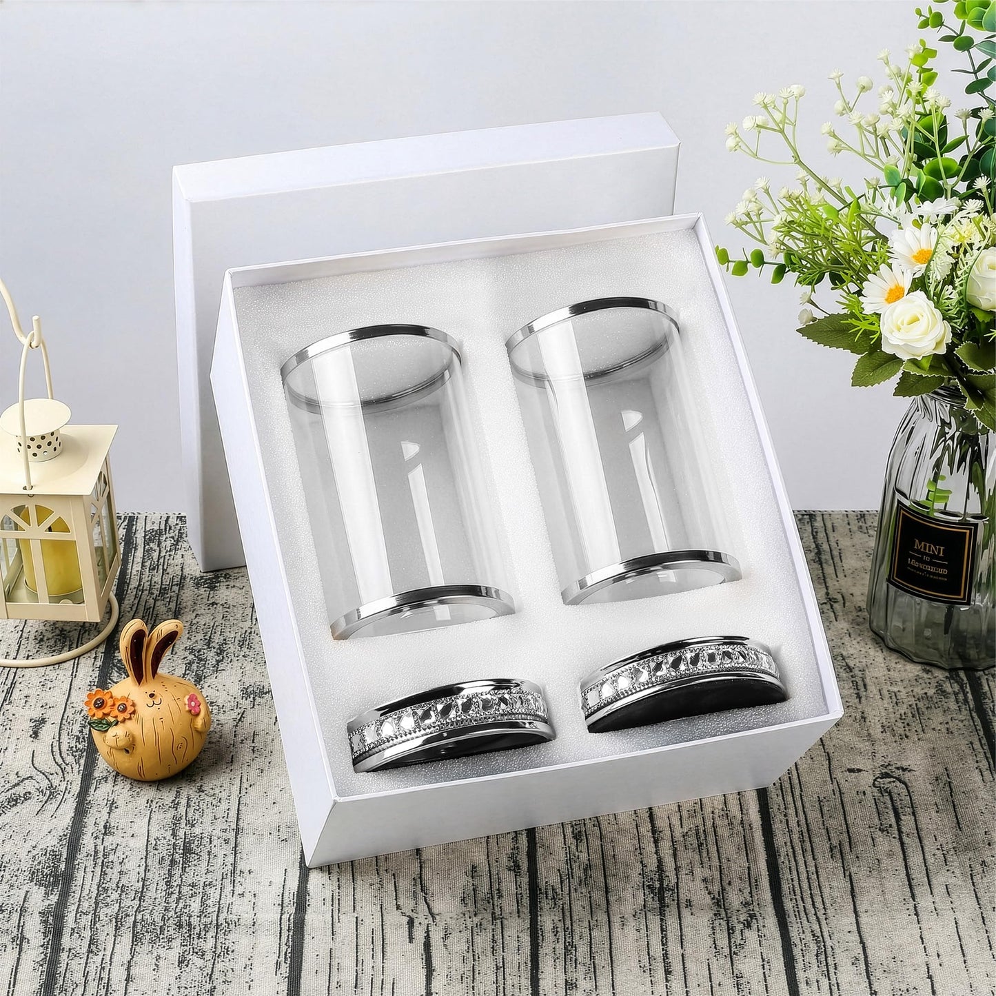 2pcs Hurricane Candle Holder, Pillar Candle Holders with Clear Glass Sleeve, Small Crystal Lantern for Fall Thanksgiving Christmas Holiday Dining Table Centerpiece (Silver)