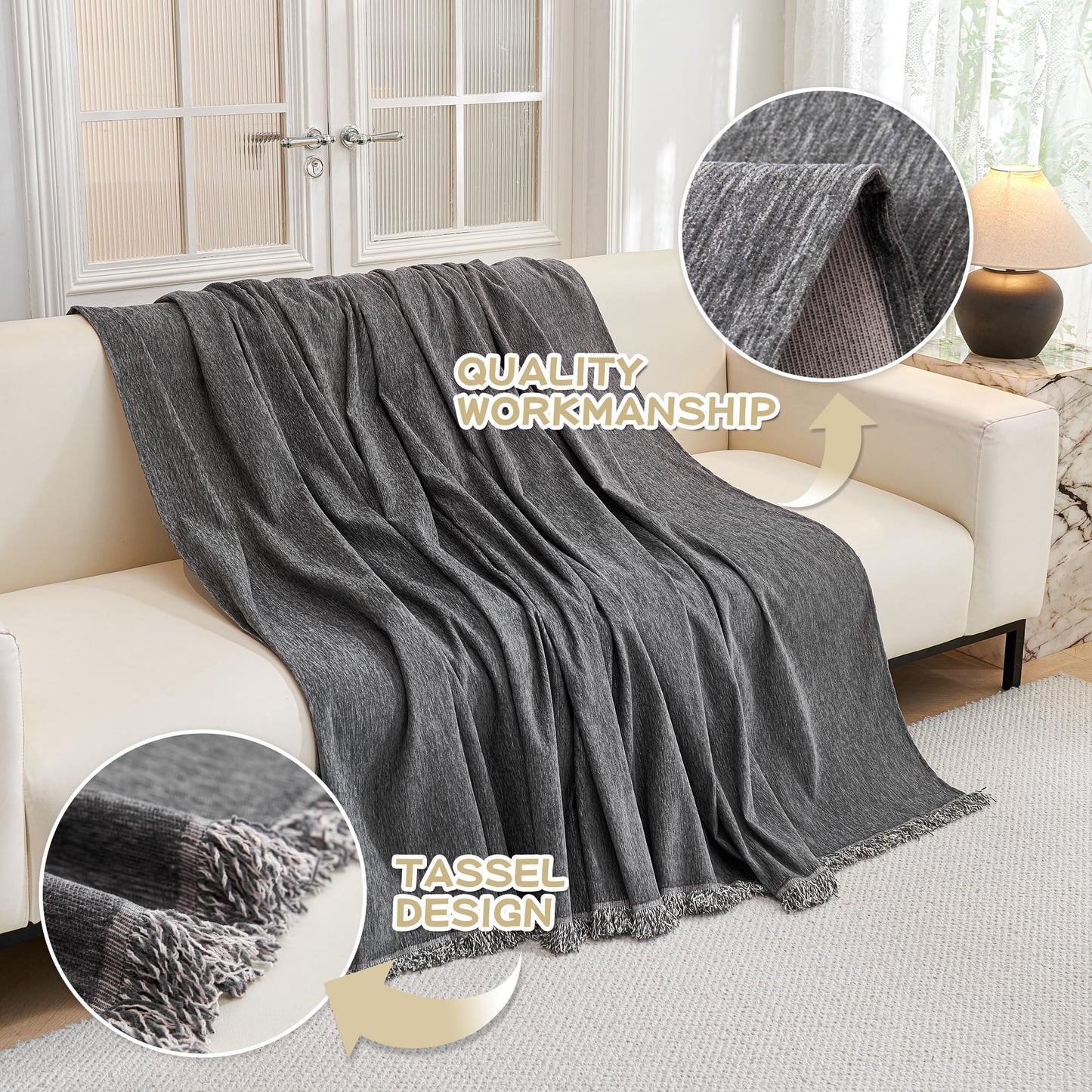 MYSKY HOME Couch Cover for Dogs, Washable Couch Covers, Non Slip Sofa Cover, Couch Cover 2 Cushion Sofa Dogs Furniture Protector with Tassels, Chenille Sofa Slipcover for Pets, 71"x118", Dark Grey
