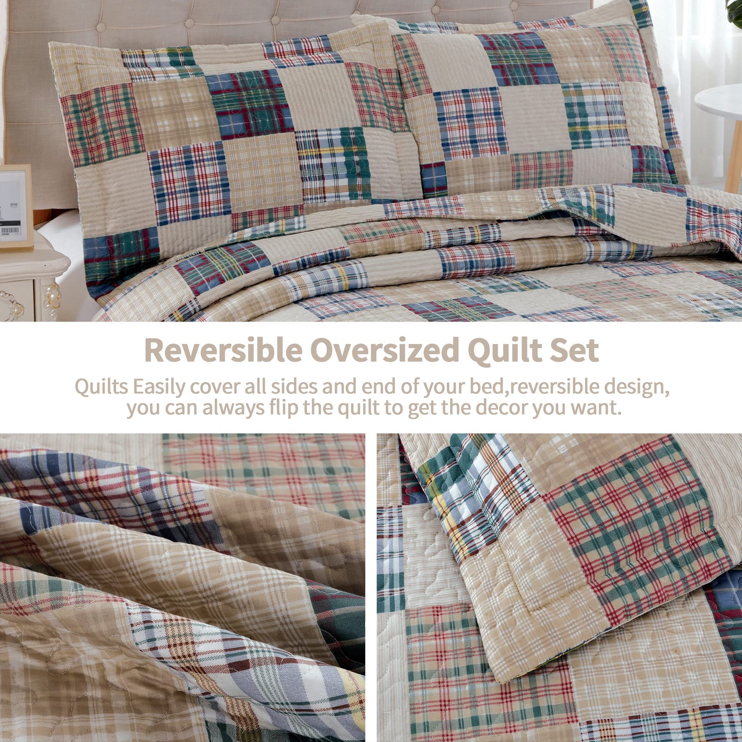 Plaid Collection King Size Quilt Set - Lightweight Reversible Bedspread with Pillow Shams, Beige