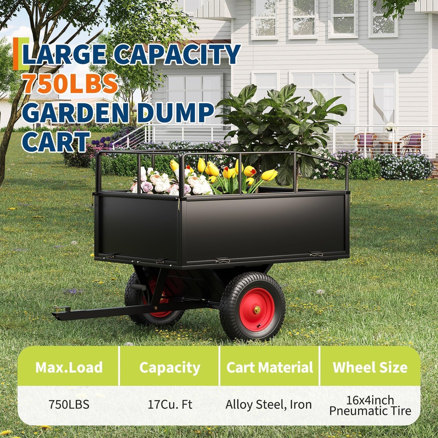750 lbs 17 Cubic Feet Steel Dump Cart Trailer with Removable Sides, All Terrain Tires for Lawn Mower, Tractor, ATV | Heavy Duty Yard Garden & Farm Utility Trailer for Hauling Rocks, Soil, Debris