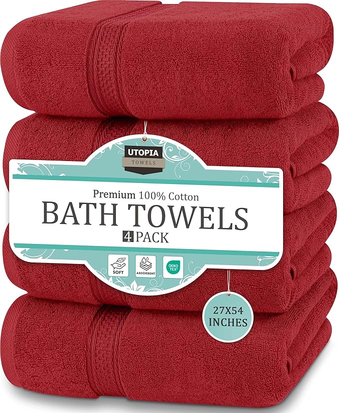 Utopia Towels 4 Pack Premium Bath Towels Set, 27 by 54 Inches, 100% Ring Spun