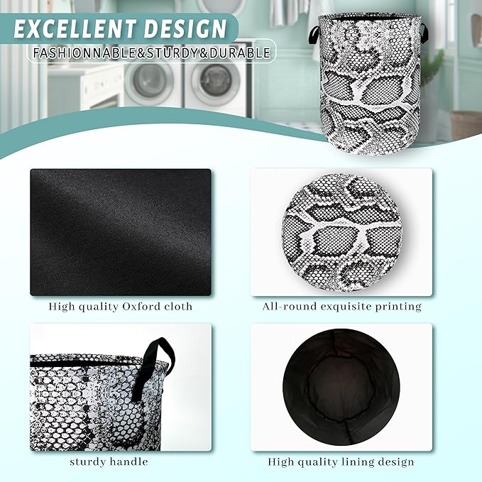 Grey White Snake Texture Laundry Hamper Snake Colorful Laundry Basket