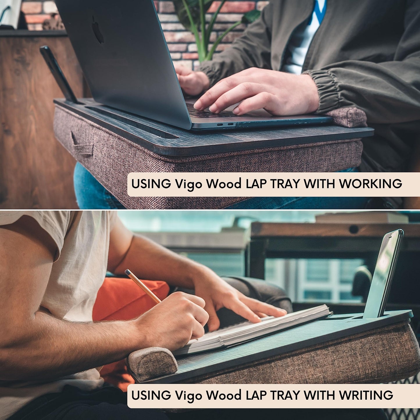 Vigo Wood Portable Laptop Desk – Lapdesk with Cushion, Laptop Stand for Bed, Lap Desk for Laptop and Lap Desk for Bed, Portable Desk for Lap top, Notebook Bed Tray (Black & Brown)