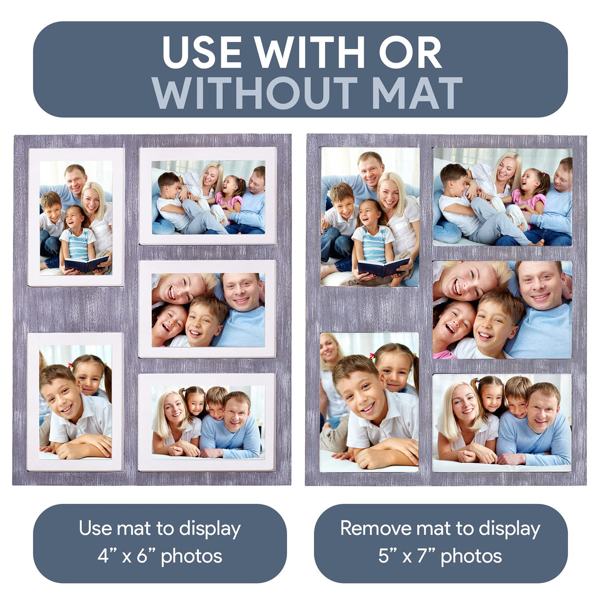 Great Lakes Memories GLM 4x6 or 5x7 Collage Picture Frames for Wall, Holds 5 Photos with Glass & Mat, 5x7 Picture Frame, Picture Frames Collage Wall Decor (Gray)